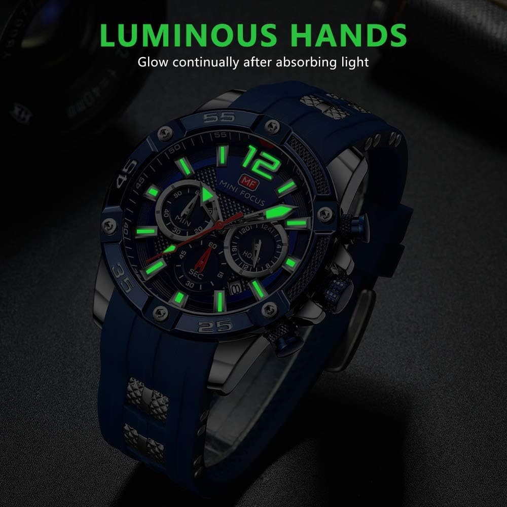 MF MINI FOCUS Men Watch, Chronograph Waterproof Sport Analog Quartz Watches Blue Silicon Strap Fashion Wristwatch for Men