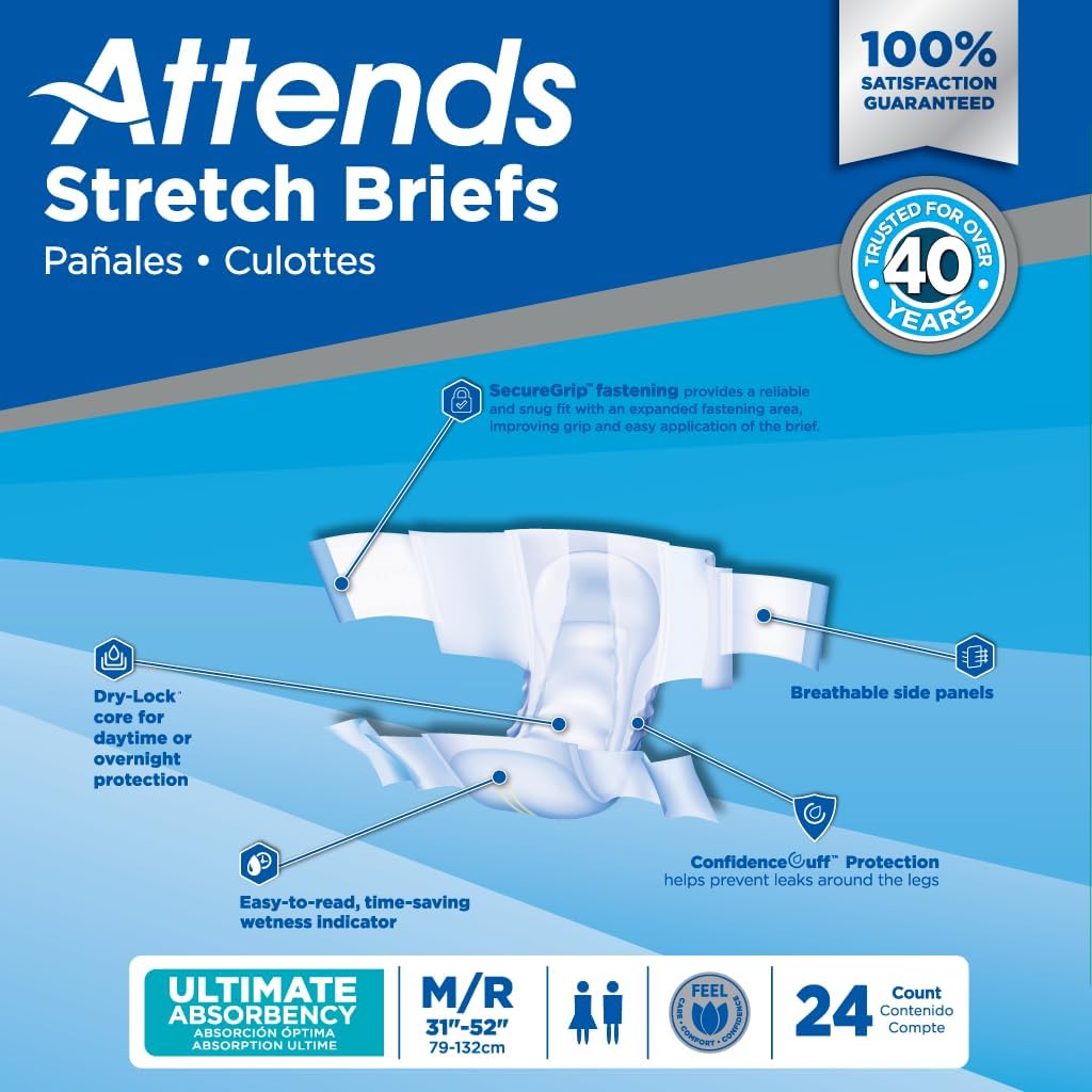 Attends Stretch Adult Incontinence Disposable Briefs, Large/X-Large, 40"-70" Waist with SecureGrip Tab Closure, Ultimate Absorbency with Dry-Lock Containment Core and Breathable Side Panels, 96ct Case