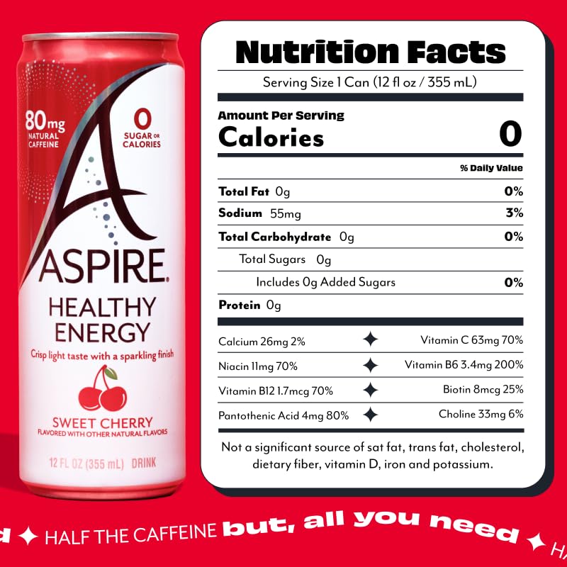 ASPIRE® Raspberry Acai, Healthy Energy Drink 80mg Natural Caffeine, Zero Sugar No Carbs Keto Friendly, 12 Pack Green Tea Sugar Free Drink Low Caffeine Zero Calorie