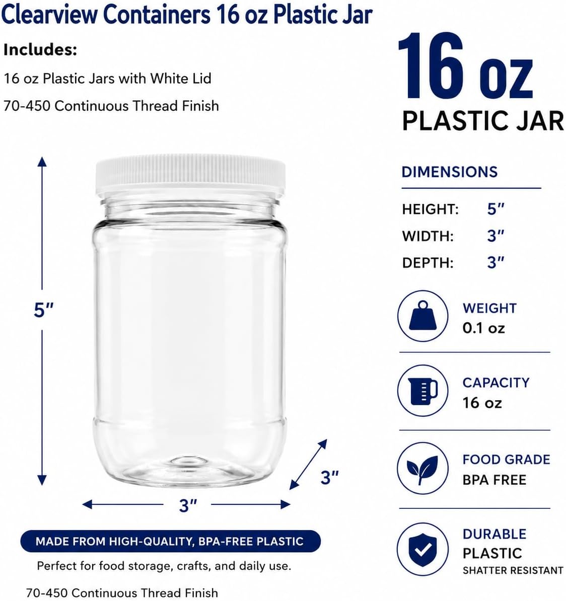 1 Pack - 128 oz (1 Gallon) Plastic Storage Jars with 110-400 Leak Proof Black Lids, Food Grade, BPA Free, Hand Wash Only (128oz, BLK, 1PK)