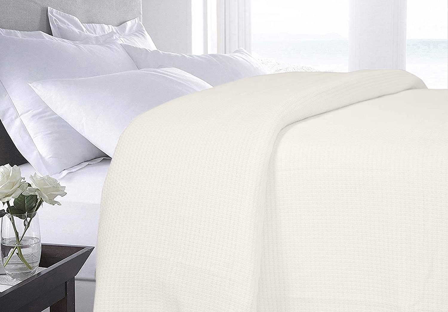DOLLCENT 100% Cotton Queen Size Blanket for Bed, Premium Soft Combed Lightweight Blankets, Washed Breathable Cozy Bed Throw Blanket, Ivory Queen Cotton Blankets for All Season: Ivory (90"x90")