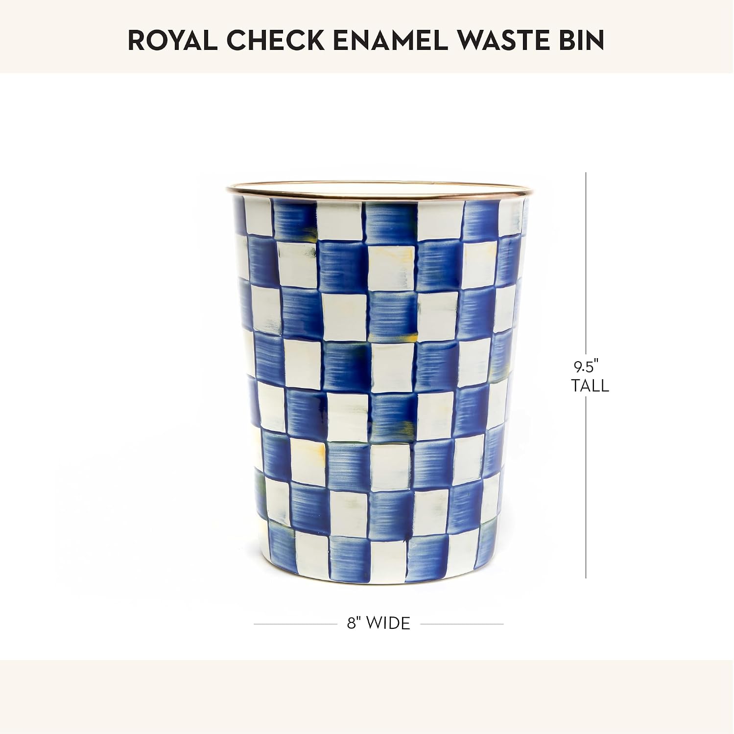 MACKENZIE-CHILDS Waste Bin, Black-and-White Courtly Check | Hand-painted design, made from enameled steel, decorative bedroom or bathroom trash can, 8" dia. x 9.5" H