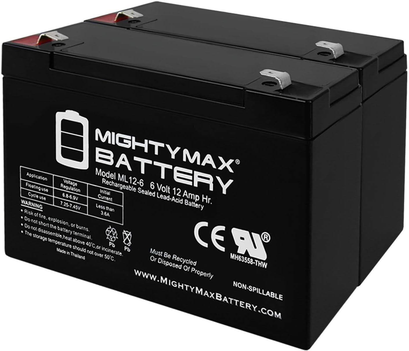Mighty Max Battery ML12-6F2-6 Volt 12 AH, F2 Terminal, Rechargeable SLA AGM Battery