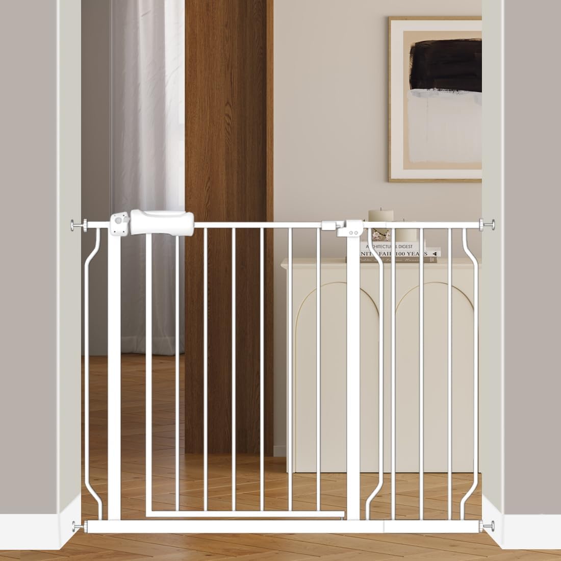 Fairy Baby Extra Wide Baby Gate for Doorways Auto Close Safety Gates for Bedroom, Fits 57.5 Inch to 62 Inch with Pressure Mounted Extention Kit, White | Pressure Mounted No Drill Pet Gate with Door, Heavy Duty Walk-Through Gate for Toddlers, Kids, Dogs,…