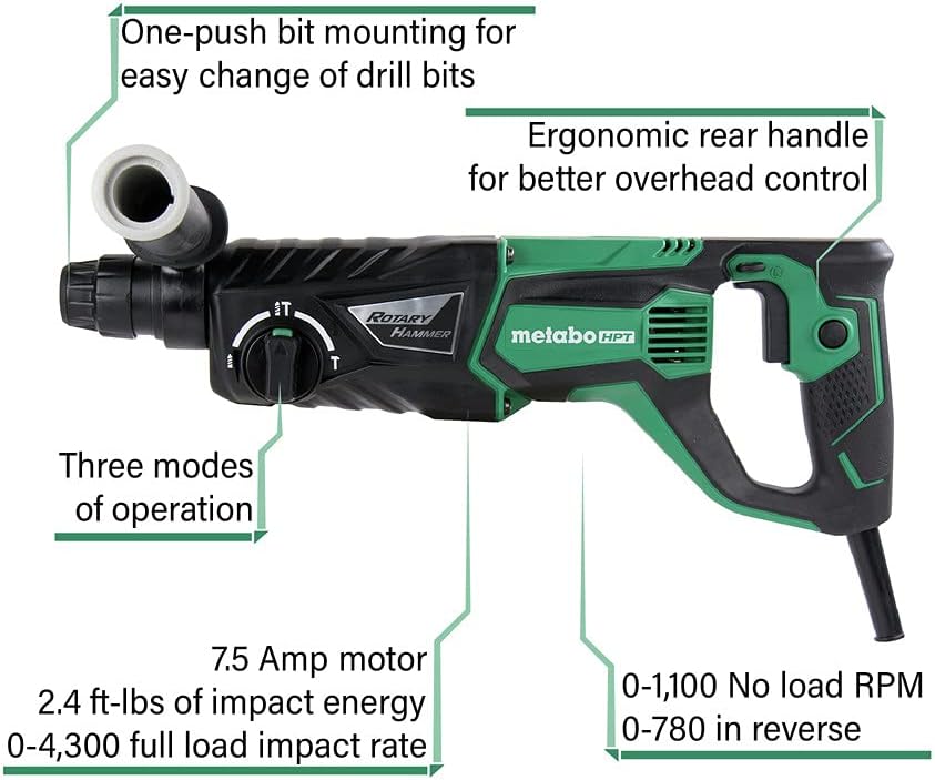 Metabo HPT Rotary Hammer | SDS Plus | 1-Inch, 7.5-Amp | For Drilling | Chipping and Hammer Drilling (DH26PF)