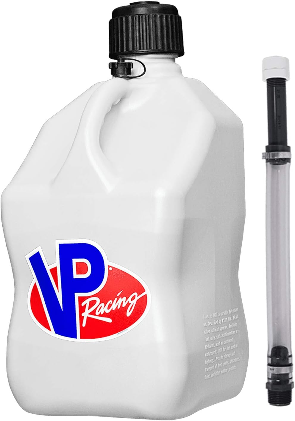VP Racing 3520-CA, 5.5 Gallon Square Motorsport Jug White with Deluxe Filler Hose