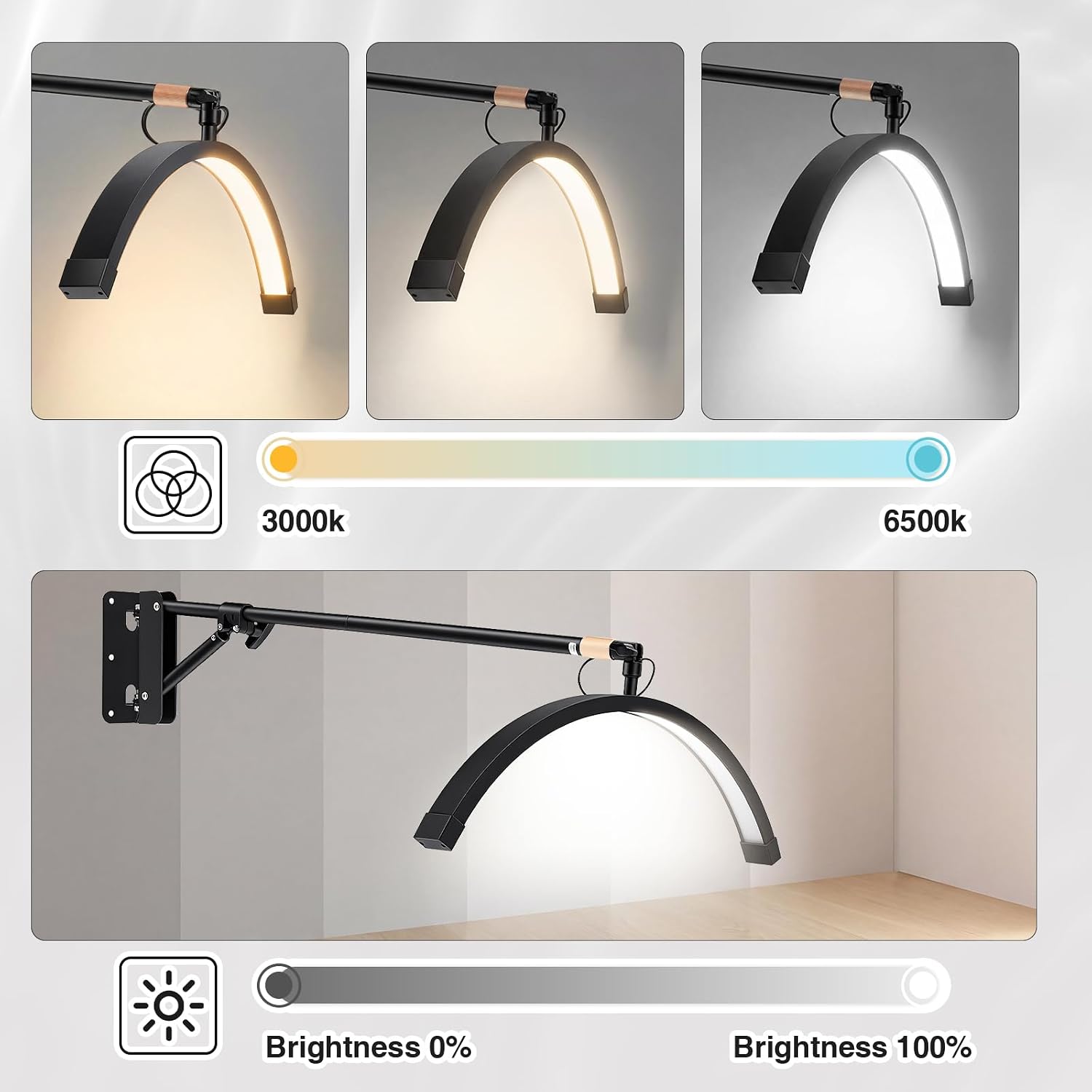 Wall Mount Lash Lamp Half Moon Shaped LED Lash Nail Light Cool/Warm Modes Adjustable Angle and Height for Barbershop Eyelashes Nail Eyebrows Tattoo