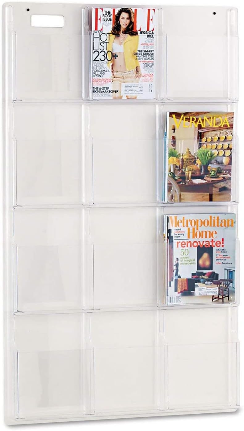 Safco Reveal Literature Rack, 12 Magazine Holder, Wall Mountable, Thermoformed Plastic Resin Construction, No Sharp Edges or Corners, Acrylic, Clear
