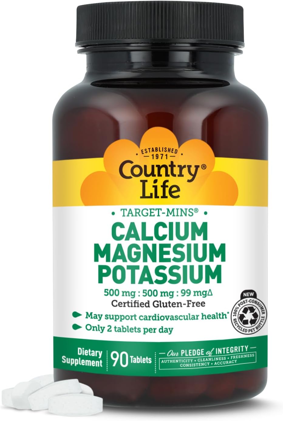 Country Life Target-Mins Calcium Magnesium Potassium, 180 Tablets | 500 mg calcium, 500 mg magnesium and 99 mg potassium per 2-tablet serving; certified gluten-free