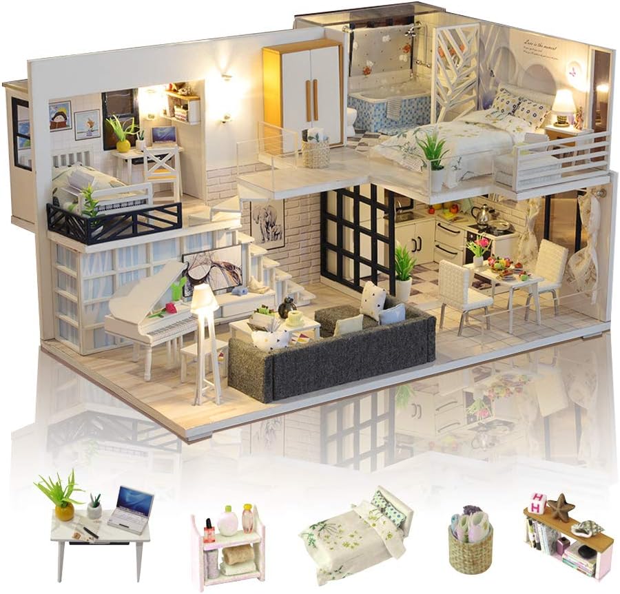 GuDoQi DIY Miniature Dollhouse Kit with Furniture, Tiny House kit 1:24 Scale, Need to Assemble Around 30 Hours