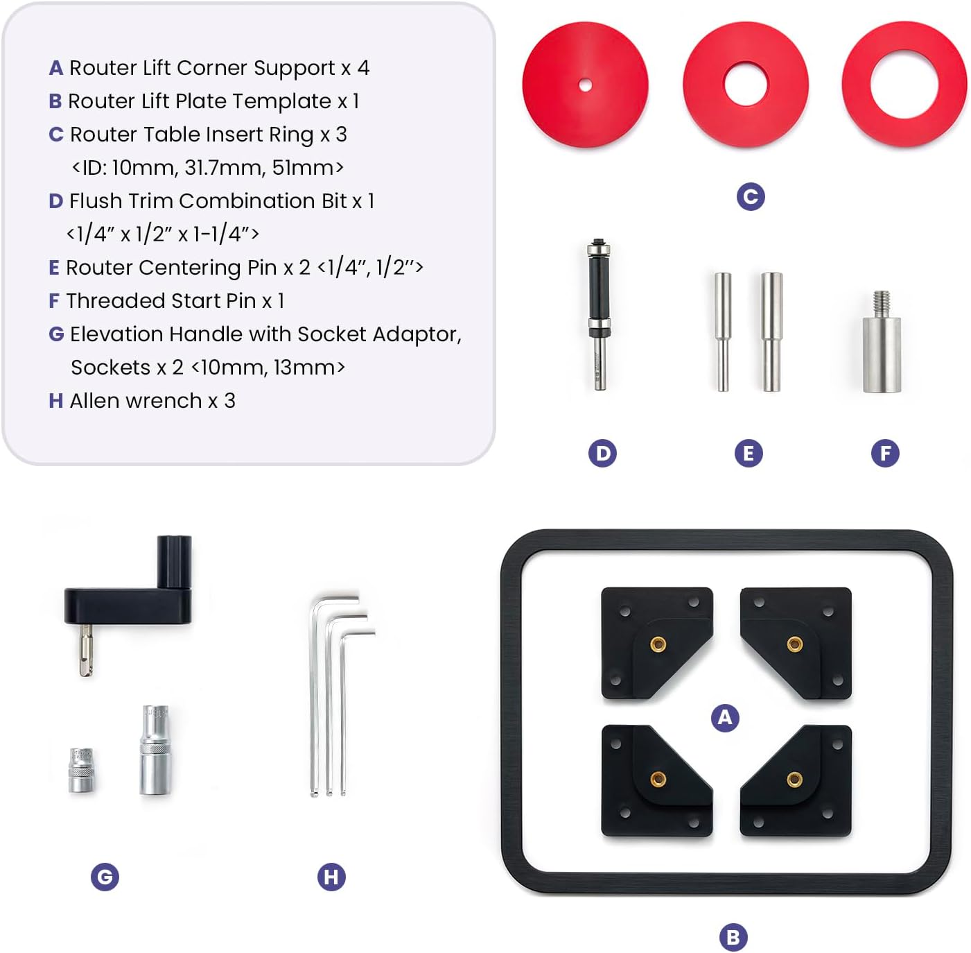 ZahyoX Router Lift System Full Set with 9-1/4" x 11-4/5" Aluminum Plate, Insert Ring, Hex Keys. Router Lift System for Woodworking