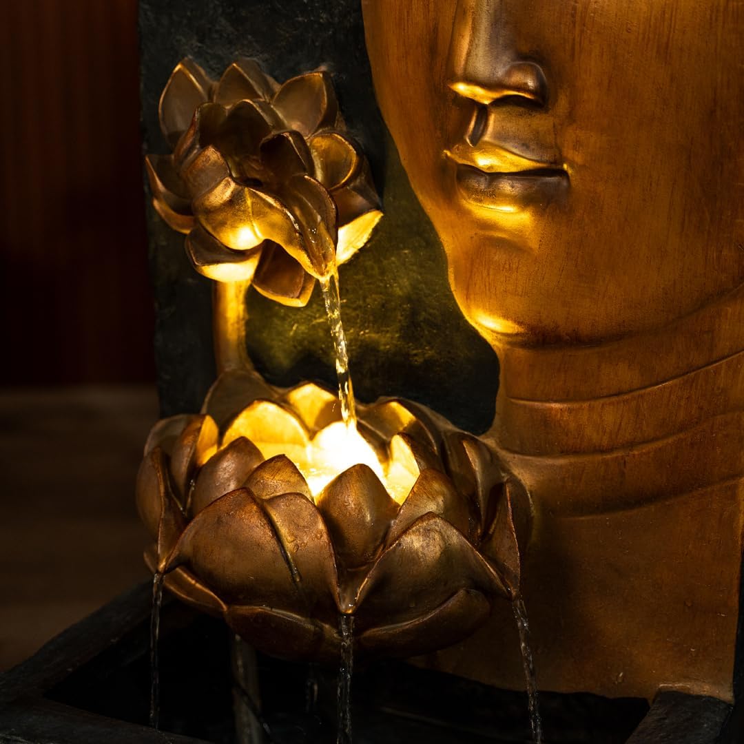 XBrand 30" H Zen Buddha Face Water Fountain w/LED Light & Pump, Indoor/Outdoor Freestanding, Relaxing Zen Décor