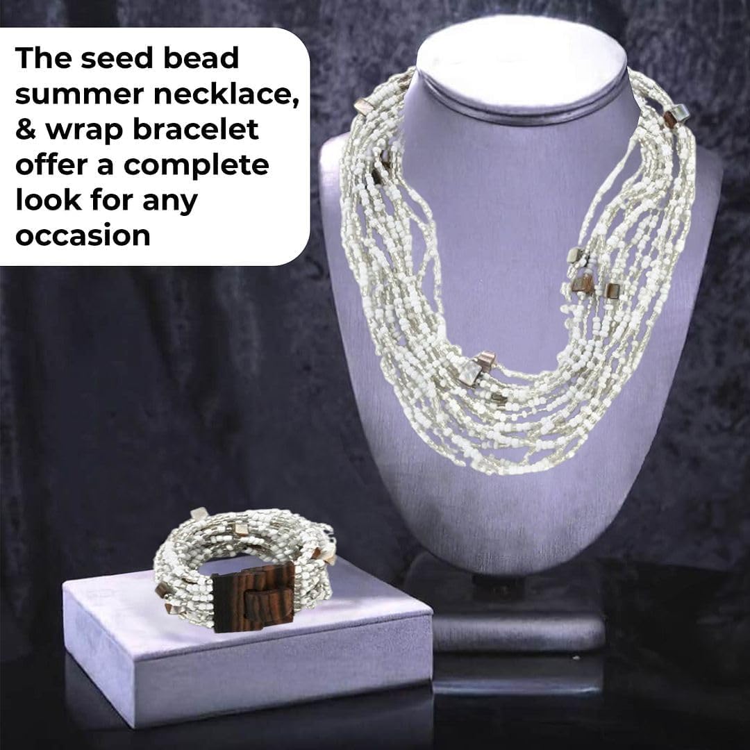 Shop LC Seed Bead Necklace Bracelet Set Boho Jewelry for Women | Multi Layered Boho, Wooden Clasp, 18 Inch Necklace, Stretchable Bracelet