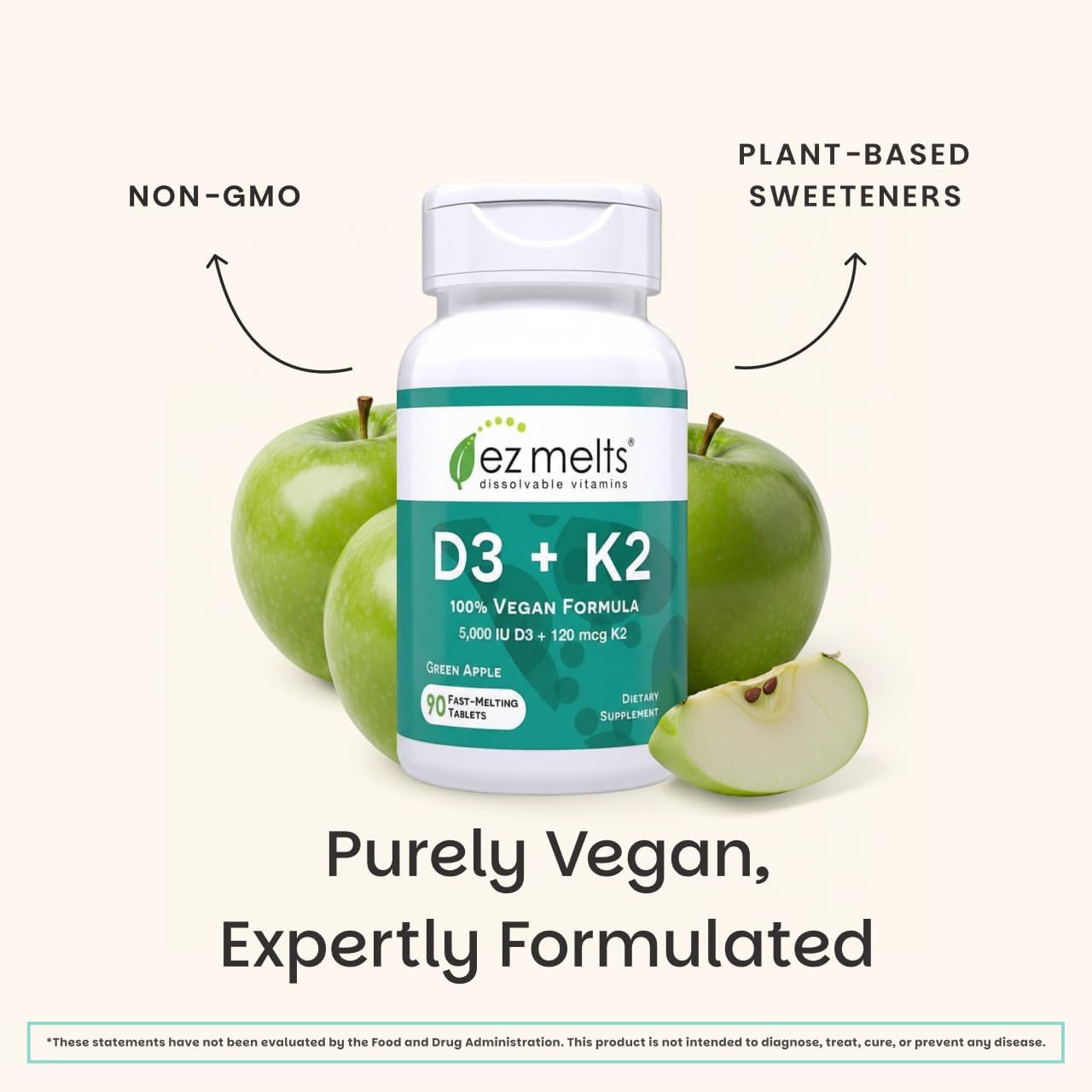 EZ Melts Dissolvable Vitamin D3 5,000 IU - Vegan Vitamin D Supplement for Bone & Teeth Support - No Artificial Flavors - Plant-Based & Non-GMO - Green Apple - 90 Dissolvable Tablets (90 Servings)