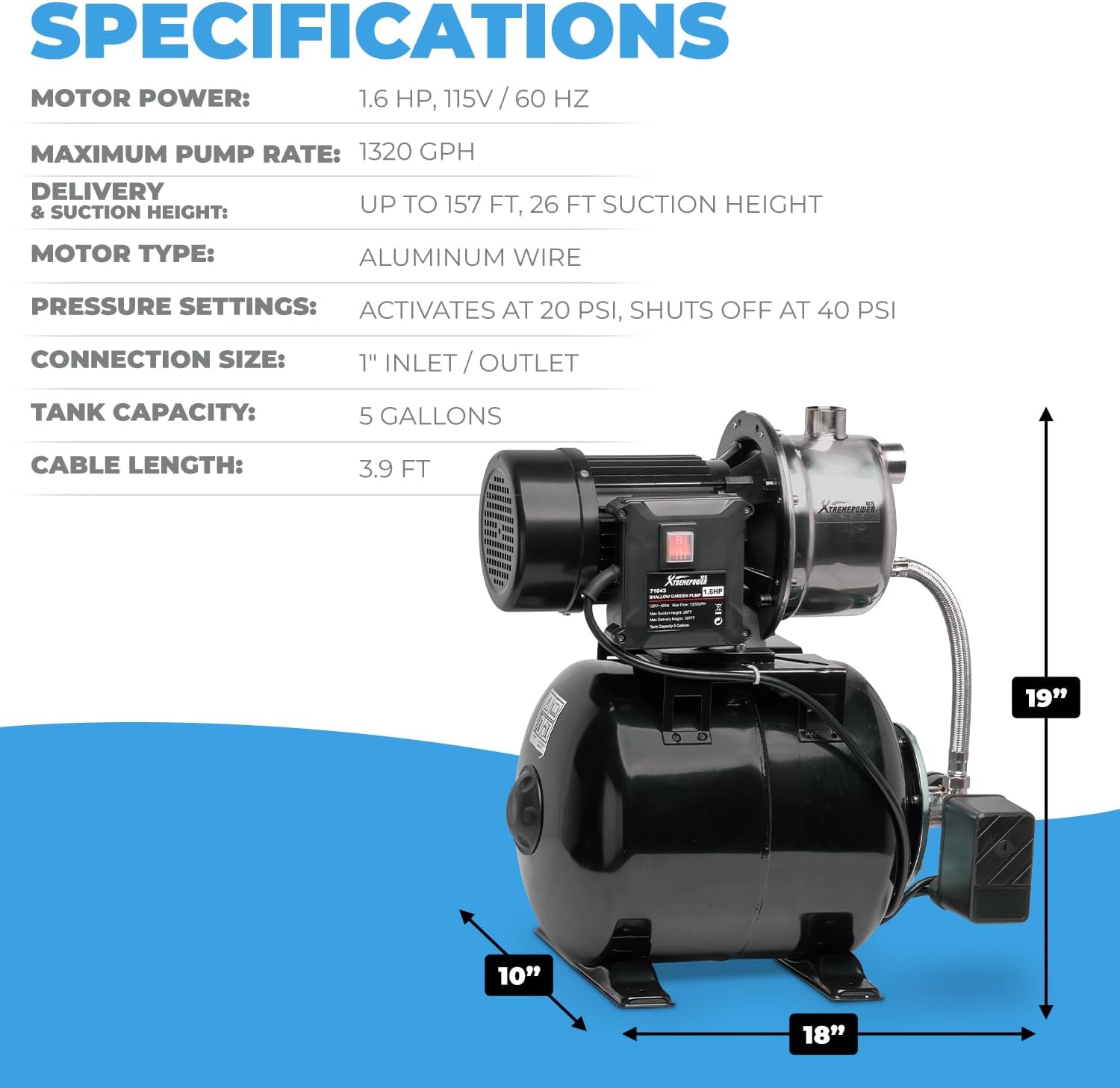 XtremepowerUS 1.6HP Water Transfer Pump w/Automatic Electronic Controller 1268GPH Shallow Well Pump Garden Booster Sprinkler Irrigation Lawn Farm