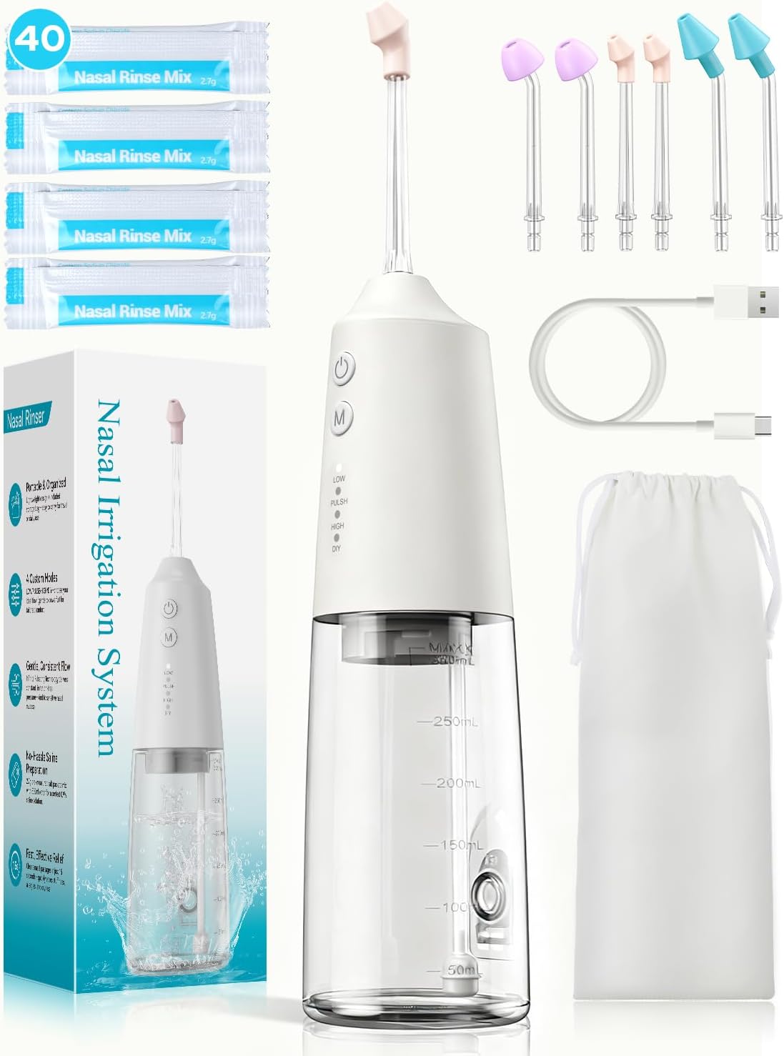 Nasal Irrigation System 300ml Tank with 6 Nozzles & 40 Salt Packets, Cordless Electric Nasal Rinse Machine for Sinus Relief & Allergies