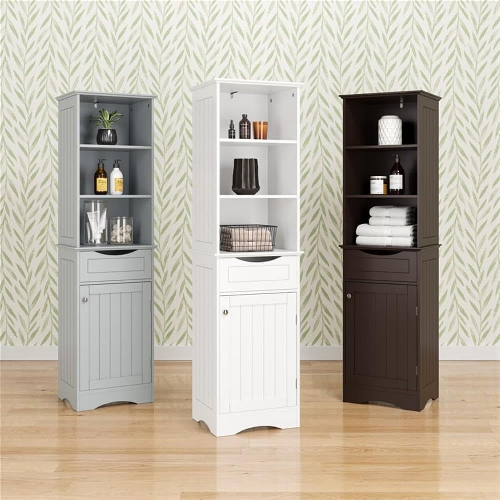 RiverRidge, White Ashland Bathroom Freestanding Storage Cabinet with Three Open Shelves and Drawer