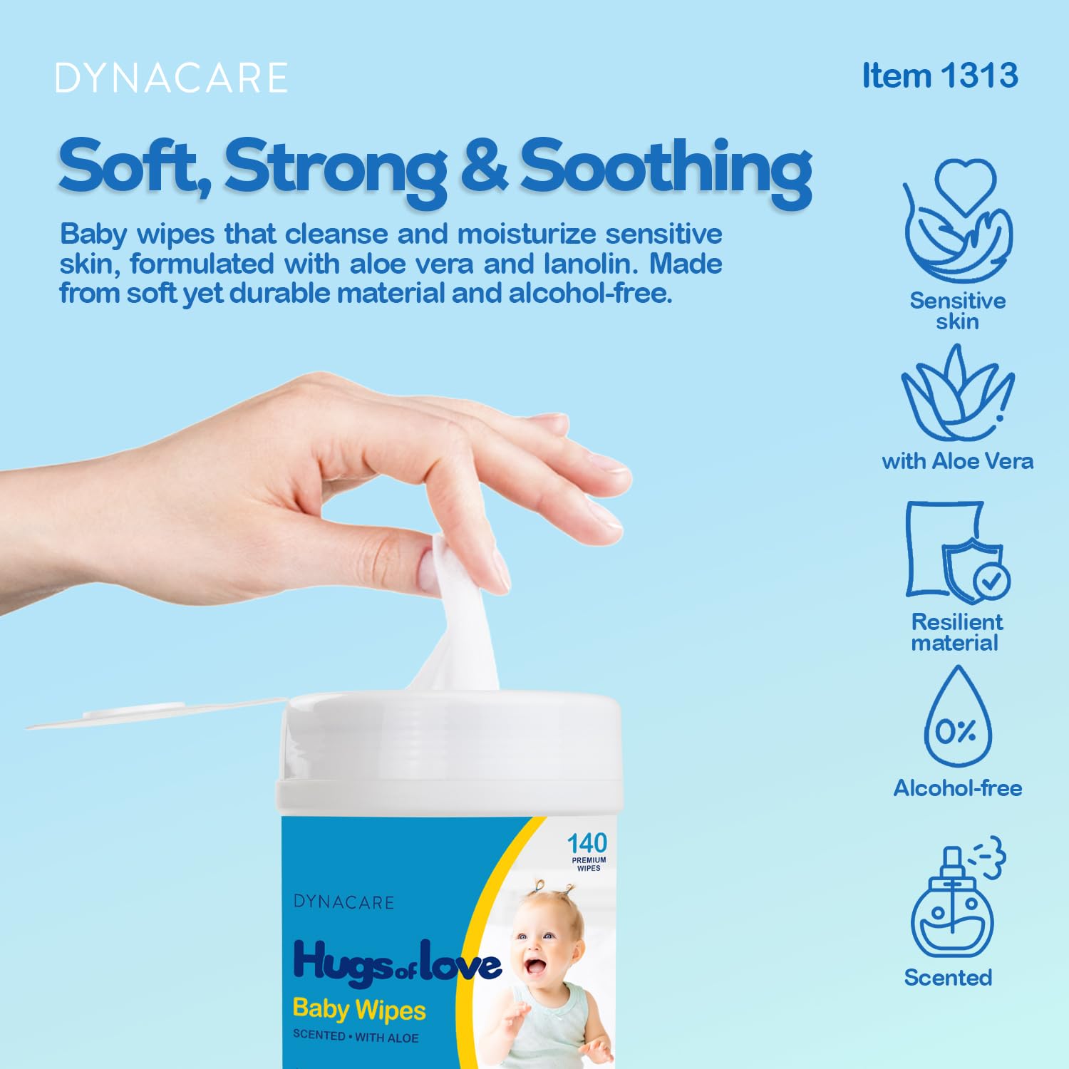 Dynarex DynaCare Hugs of Love Baby Wipes - Scented - Alcohol-Free Wipes with Aloe & Lanolin, Safe for Sensitive Skin - 140 Wipes per Canister