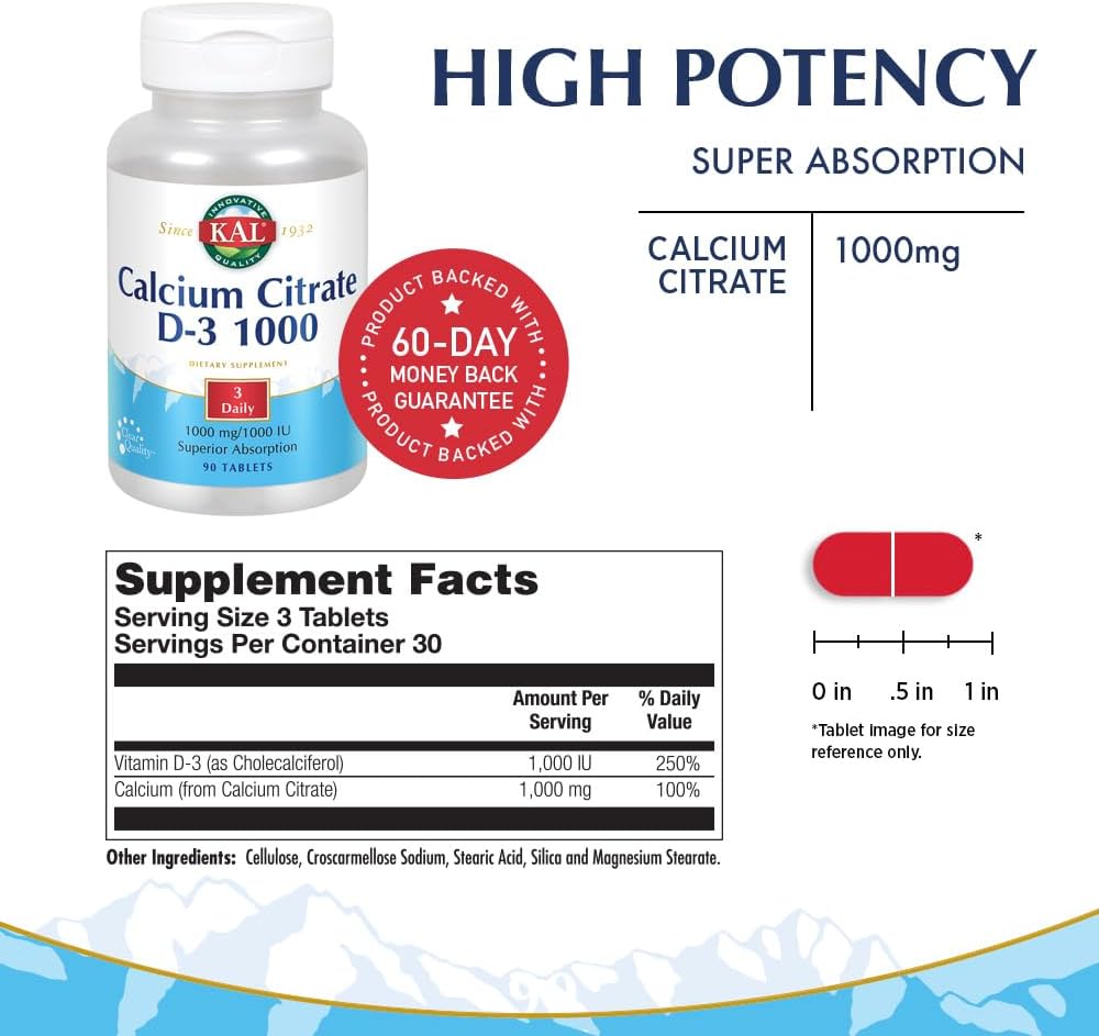 KAL Calcium Citrate Supplement with Vitamin D3 - 1000 IU Vitamin D3, Healthy Bone & Muscle Function Support for Men and Women, Quick Dissolving Tablets - 180 Count Tablets
