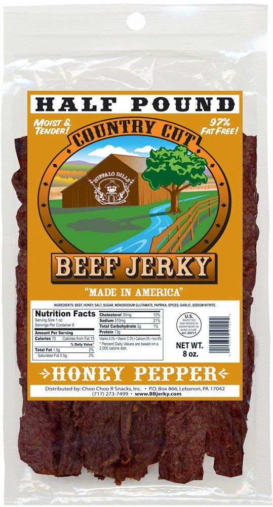 Buffalo Bills Mesquite Country Cut smoked Beef Jerky, Moist & Tender, 8 Oz | Mesquite Beef Jerky, Made In USA, High Protein, Low Carb, For Work, Trips, On-The-Go Snacking, Smoky Flavor, Hot Snacks