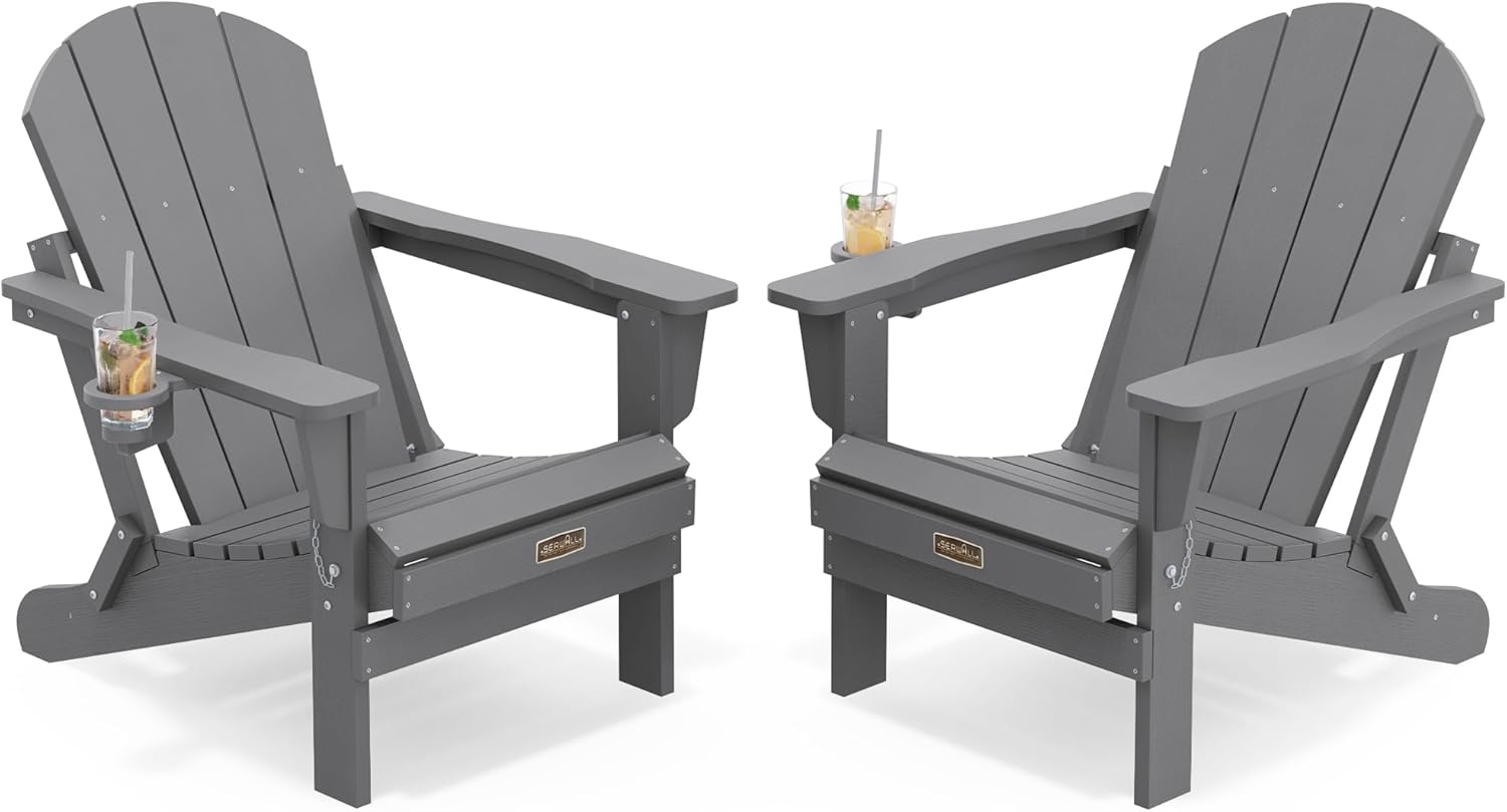 SERWALL Folding Adirondack Chairs with Cup Holder, Outdoor Fire Pit - Blue