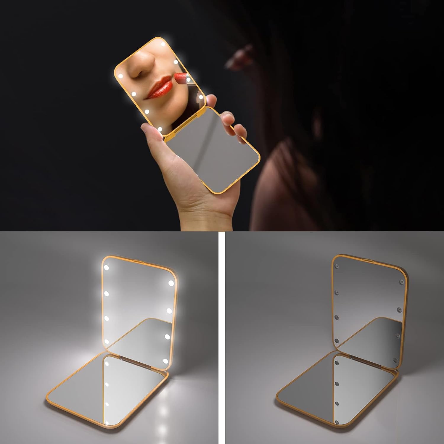 Kintion Pocket Mirror, 1X/3X Magnification LED Compact Travel Makeup Mirror with Light for Purse, 2-Sided, Portable, Folding, Handheld