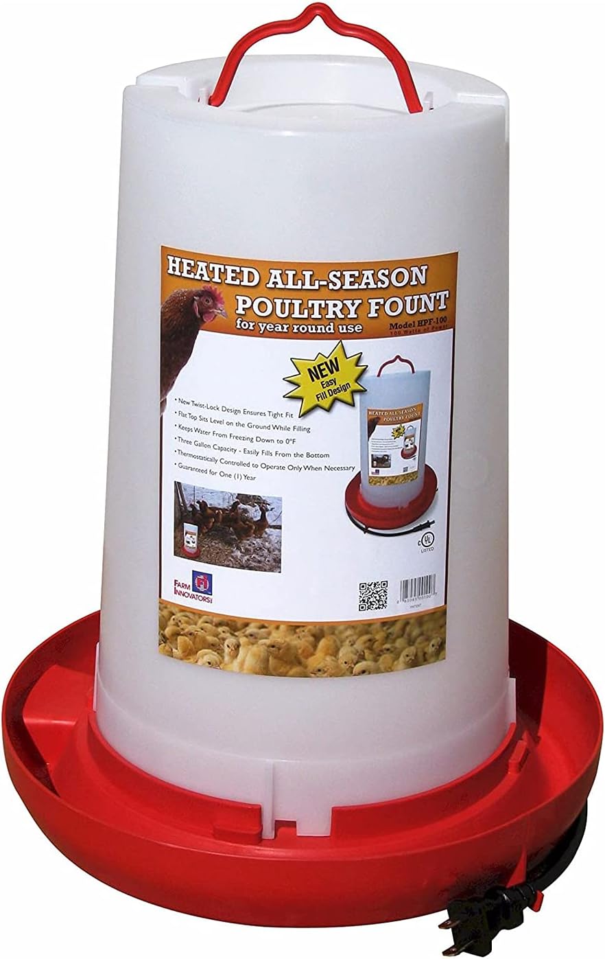 Farm Innovators HB-60P Thermostatically Controlled Heated 2 Gallon Plastic Outdoor Year Round Poultry Chicken Water Bucket Drinker, White/Red | Thermostatically controlled to keep water from freezing, side mounted drip-free/freeze-free nipples for up to…