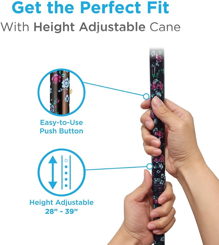 NOVA Designer Walking Cane with Offset Handle, Lightweight Adjustable Walking Stick with Carrying Strap, “Maui Flowers” Design