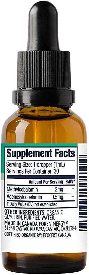 Vimergy Liquid Vitamin B12 Brain Function, 2500 mcg, Organic, 30 Servings | Brain Body Nourish*, Supports Oxygen and energy to the Brain*, Methylcobalamin & Adenosylcobalamin, Vegan, Non-GMO