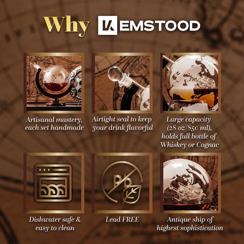Kemstood Whiskey Decanter Sets for Men - Etched World Globe Design with Wood Stand & 2 Glass - Ideal for Dignified Drinking, Home Decor - Unique Whiskey Gifts for Men - 28 oz / 850 ml Capacity