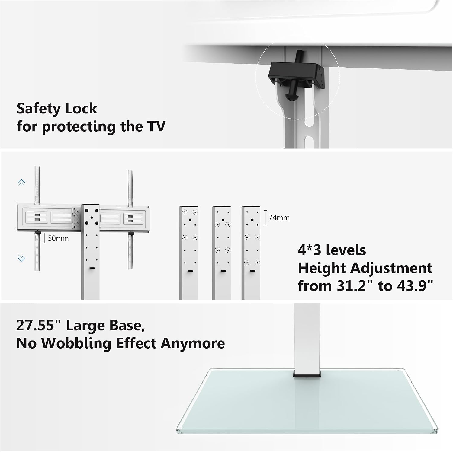 FITUEYES Universal TV Stand with Swivel Mount for 50-85 inch Flat Screens - Height Adjustable Tempered Glass Base Holds up to 143 lbs