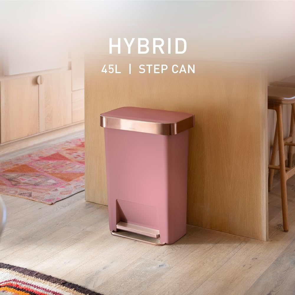 simplehuman Hybrid Step Can, 45L / 12 Gallon Rectangular Kitchen Trash Can, Liner Rim System, Liner Pocket®, 150,000-Step Pedal, Lid Shox® Silent Close, Black Plastic