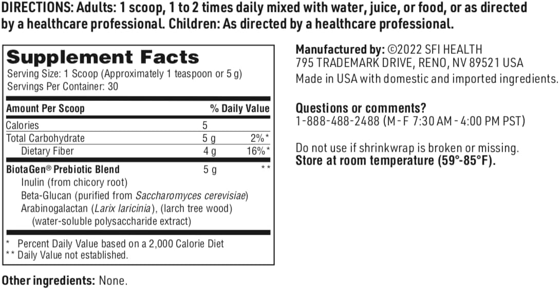 Klaire Labs SFI Health Biotagen Powder, 30 Servings, 150 Grams | Prebiotic Inulin, Beta-Glucan & Arabinogalactan to Support Gut Microbiota