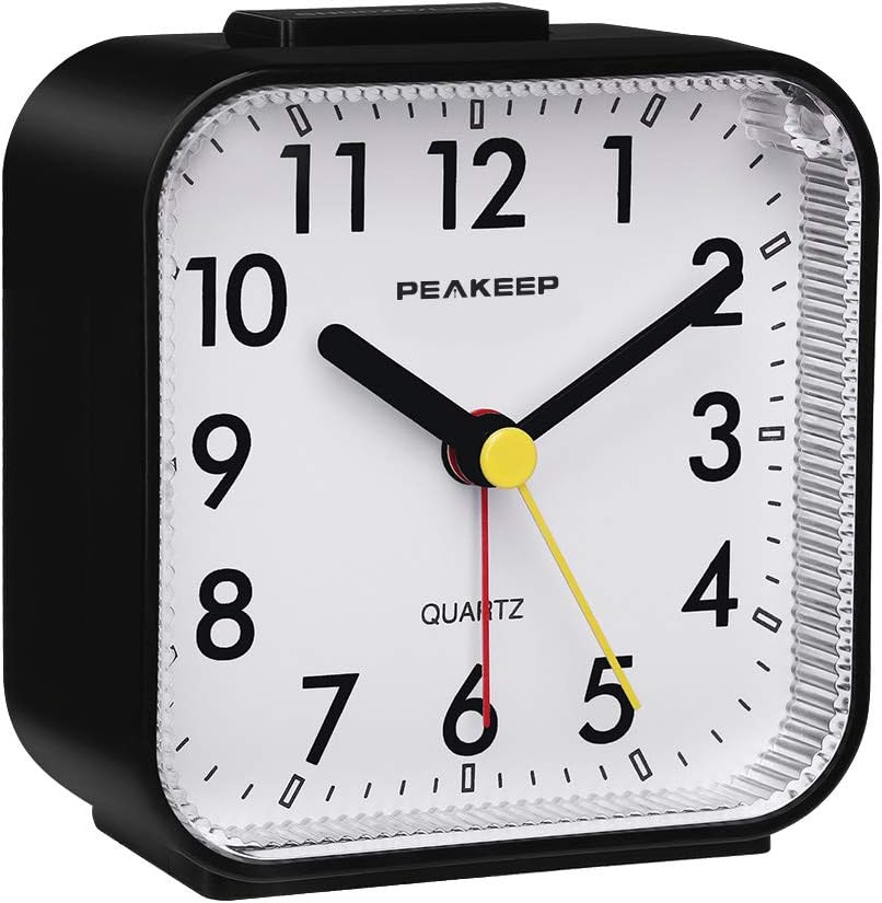 Peakeep Small Battery Operated Analog Travel Alarm Clock Silent | No Ticking, Lighted on Demand and Snooze, Beep Sounds, Gentle Wake, Ascending Alarm, Easy Set (Black)