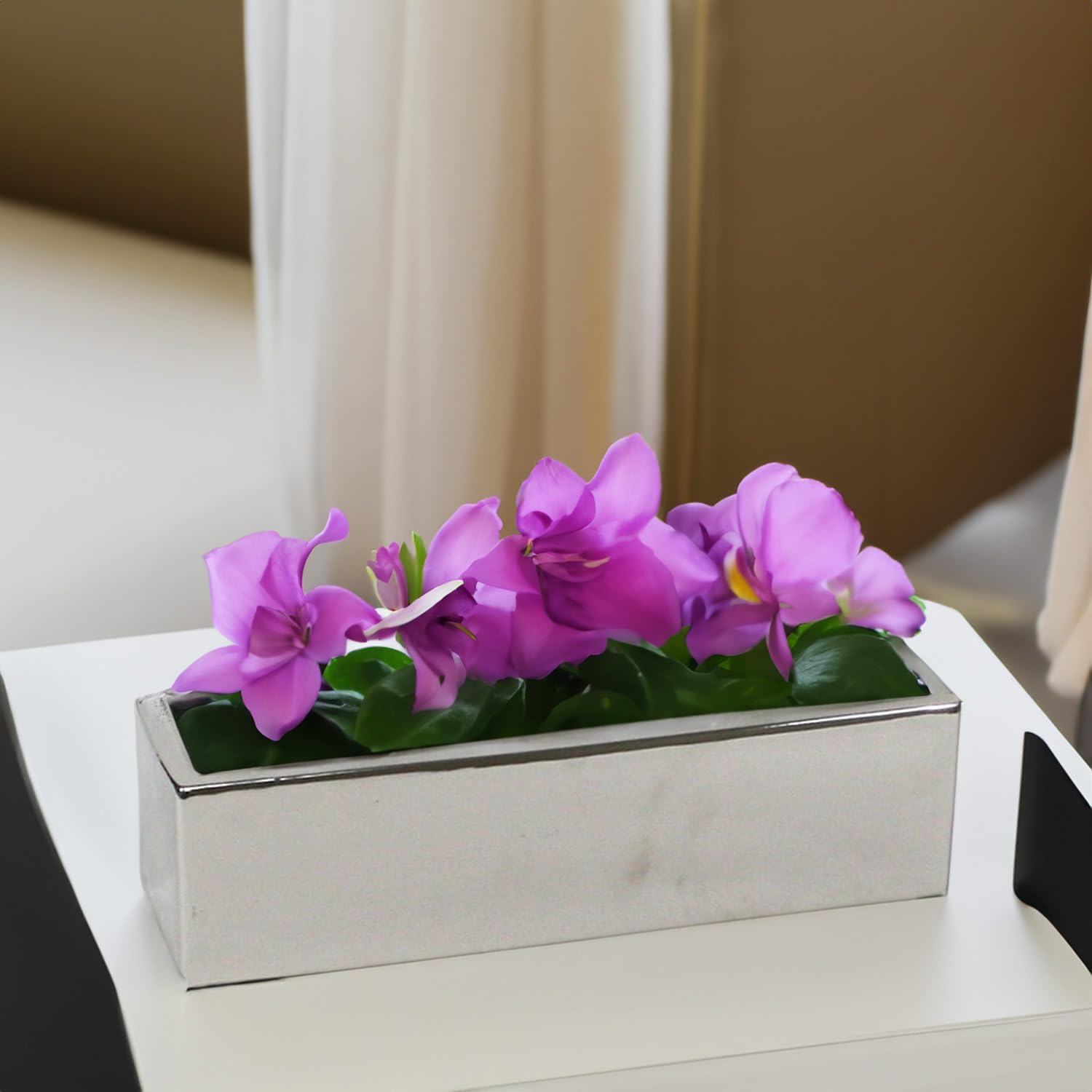 WGVI Long Rectangle Ceramic Planter Vase in White 14" x 4" x 4"H, Rectangular Box Block Terrarium Pot, Flower Arrangement, Tabletop Centerpiece