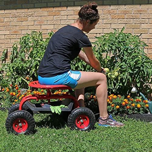 Sunnydaze Rolling Garden Cart with Swivel Seat and Storage, Green | Steel Rolling Gardening Seat with Utility Tray, and Basket for Storage, Rotating, Swiveling Motion