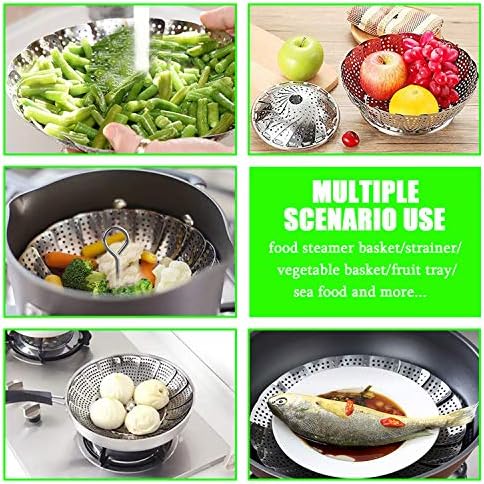 Steamer Basket Stainless Steel Vegetable Basket Metal Handle Folding Silicone Feet Steamer Insert for Cooking Veggies Fish Seafood Include Safety Tool