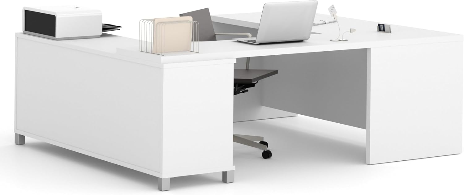 Bestar Pro-Linea 72W U-Shaped Executive Desk in Bark Grey | With Desk Shell, Credenza, Desk Bridge; for home or professional office use; 1 file drawer, 1 box drawer; Wood construction