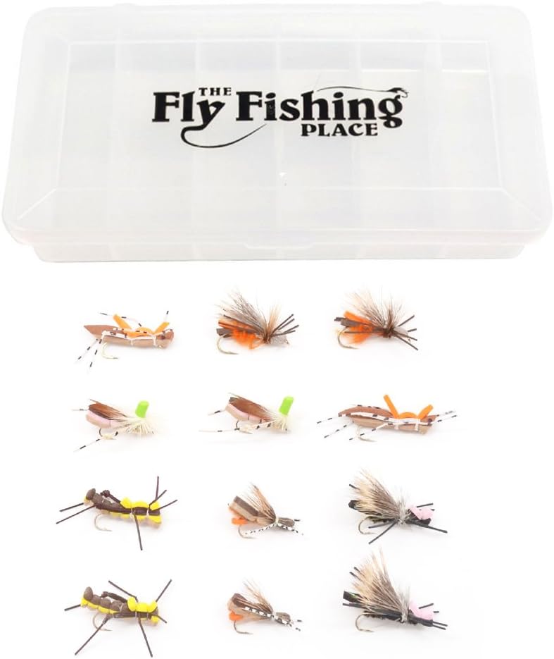 The Fly Fishing Place Foam Hopper Fly Fishing Flies Assortment, 12 Flies | Grasshopper Dropper Hoppers Patterns, 2 Each of 6 Patterns, Fly Box