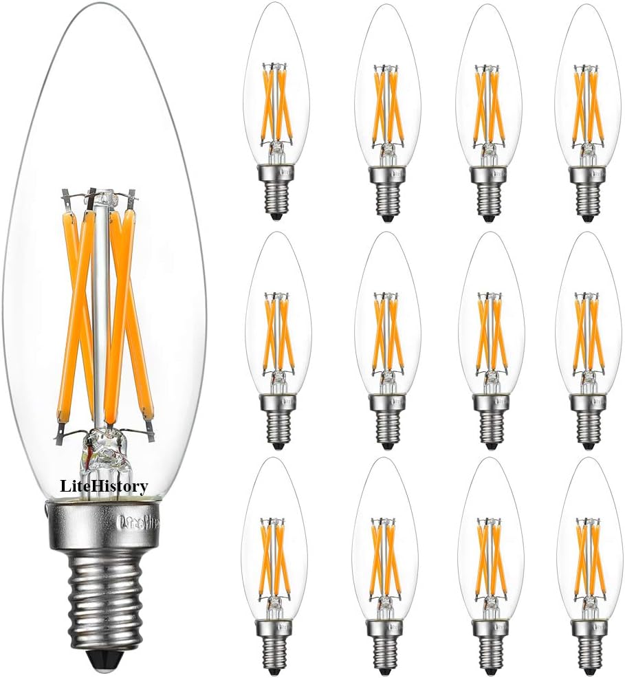 LiteHistory B10 E12 Led Bulb,Light Bulbs 60 watt Soft White,Dimmable,2700K | 6w=60w Led Light Bulbs,600lm,AC120V,360°,ETL,B11,Candelabra Light Bulbs for Chandelier Light Bulbs,Ceiling Fan,Pendant,12Pack