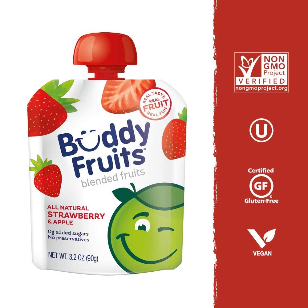 Buddy Fruits Snacks To Go Multifruit Unsweetened Applesauce 3.2oz Pouch (18pk) Gluten-Nut-Dairy-Preservatives-BPA Free, Non GMO, Kosher