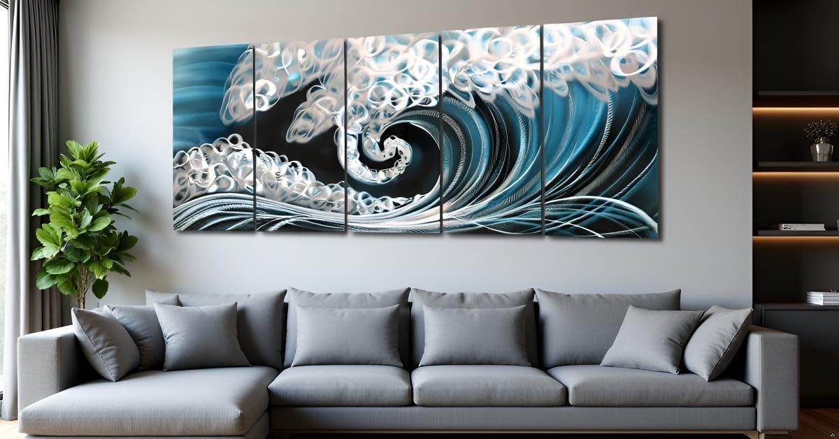 Yihui Arts Handcrafted 3D Metal Wall Art - Ocean Wave Sculpture, 5 - Panel Aluminum Decor for Living Room, Bedroom & Office