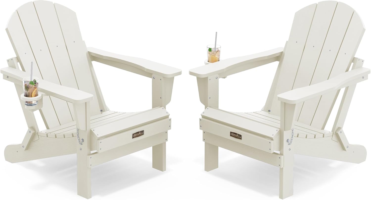 SERWALL Folding Adirondack Chairs with Cup Holder, Outdoor Fire Pit - Blue