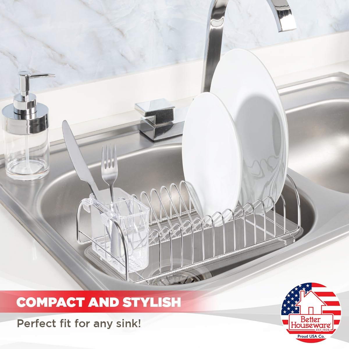 Better Houseware Stainless Steel Dish Drainer with Clear Plastic Tray and Cutlery Holder, Compact Space-Saving - Holds Up to 12 Plates