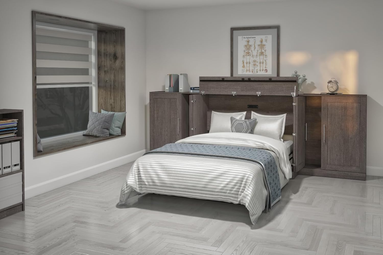 Bestar Pur Full Murphy Bed and 2 Shelving Units with Drawers, 109-inch Space-Saving Sleeping Arrangement in White | 2 Shelving Units with Drawers; supports up to 1000 lb; min. ceiling height 86.4 in.; dual piston mechanism; 10-year warranty