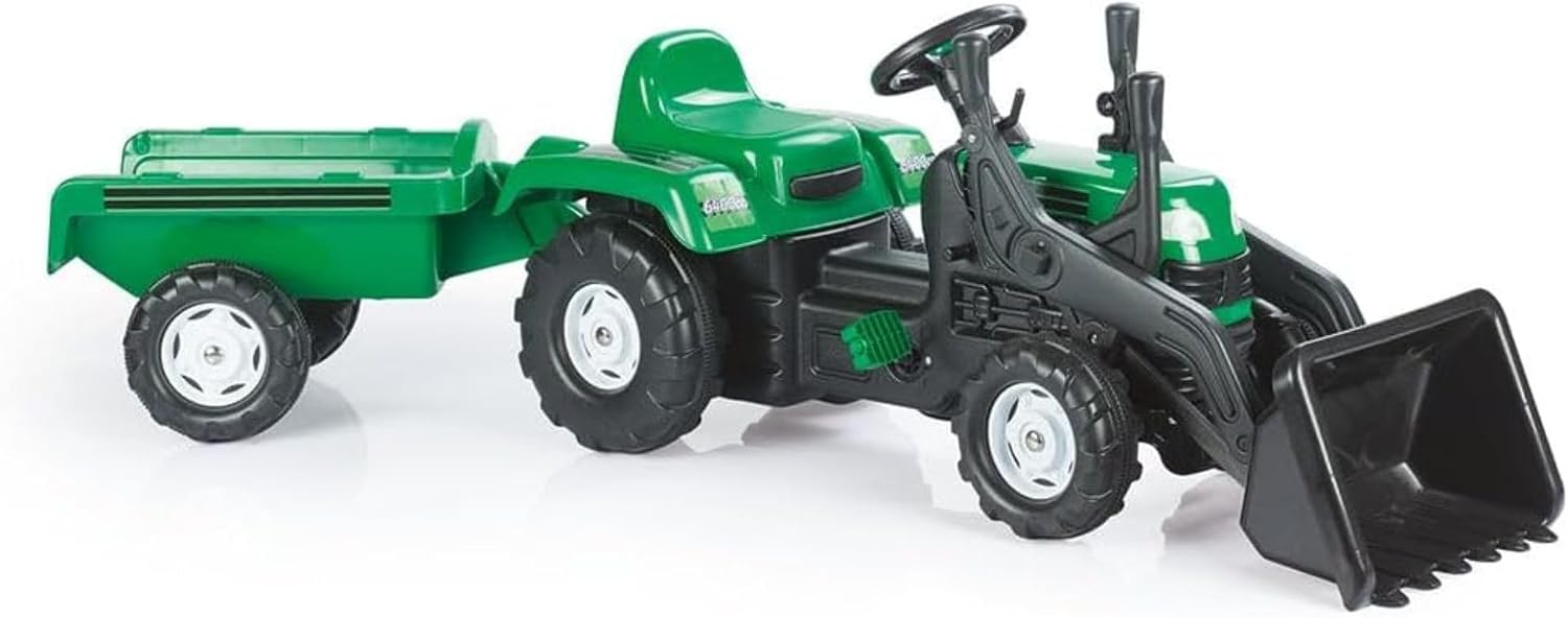 DOLU Pedal Operated Ride On Tractor for Kids with Full Ranchero Trailer, Indoor Outdoor Toy Vehicle with Front Loader & Hauling Trailer for Ages 3–6