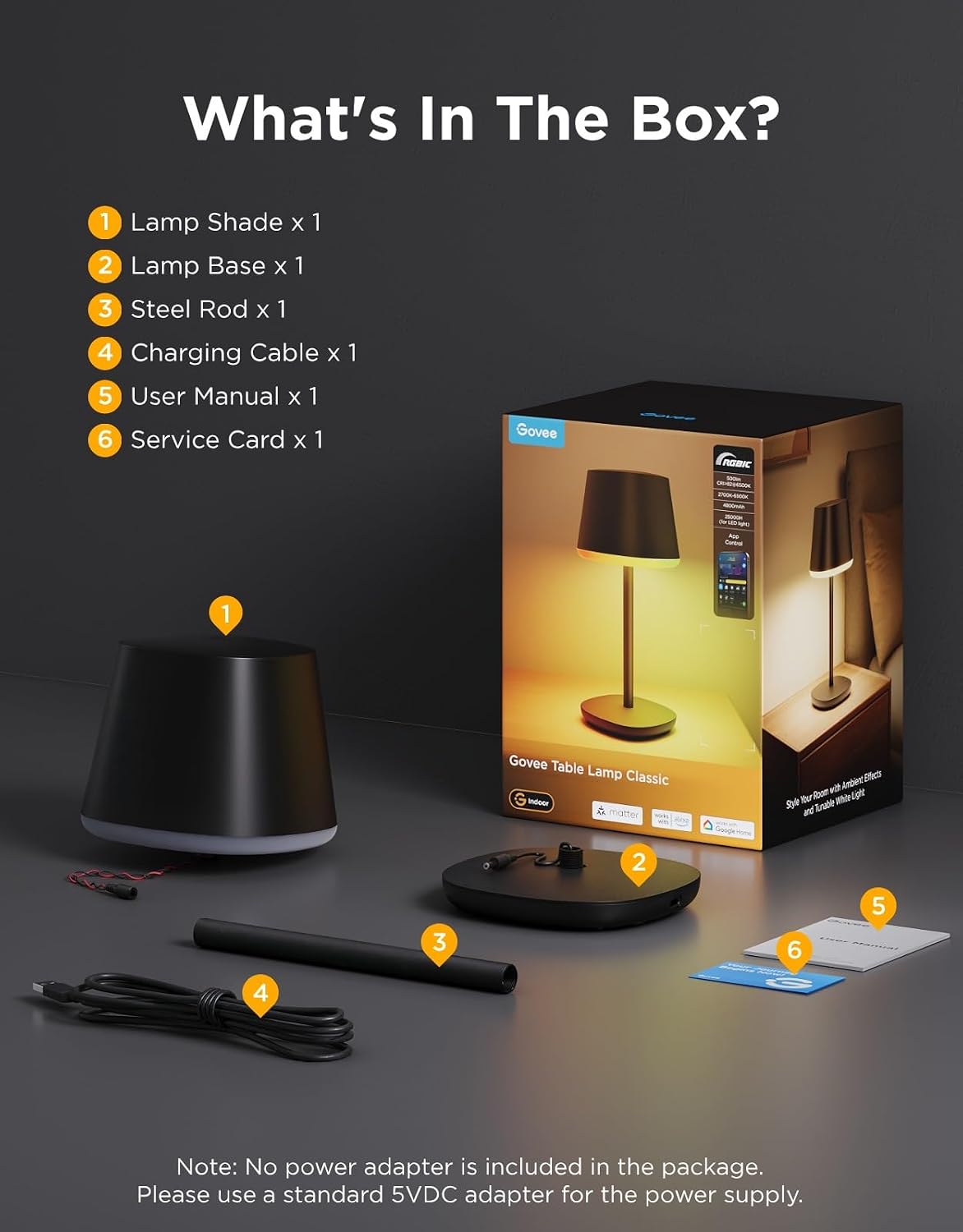 Govee Smart Cordless Table Lamp Classic (No Adapter), RGBIC Desk Lamp | Rechargeable Table Lamp for Bedroom, Living Room