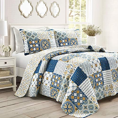 Lush Decor Monique 3 Piece Reversible Print Pattern Blue Quilt Set - Full Queen