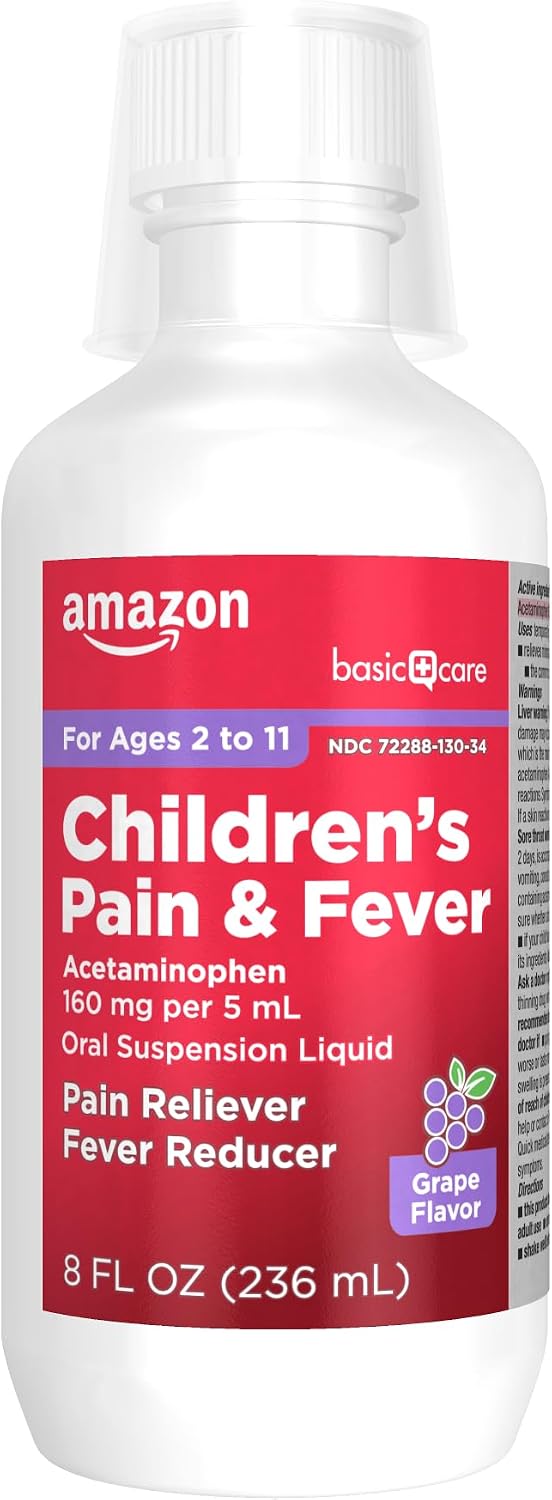 Amazon Basic Care Children's Acetaminophen 160 mg per 5 mL Oral Suspension, Grape Flavor, Pain Reliever and Fever Reducer, 4 fl oz