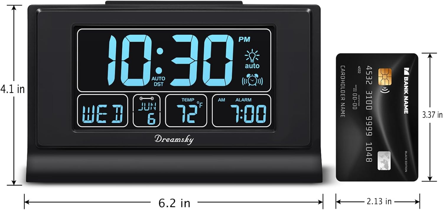 DreamSky Alarm Clocks for Bedrooms with Battery Backup, Auto Set | Digital Clock with Date & Day of Week, 5 Inch Large Display, Weekday, Temperature, USB Port, Auto DST, Brightness Dimmer